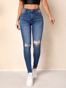 Jeans ajustados desgarro de talle alto - Azul lavado oscuro - Ver 4