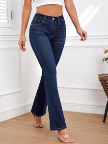 Slant Pocket Flare Leg Jeans - Dark Wash - View 2