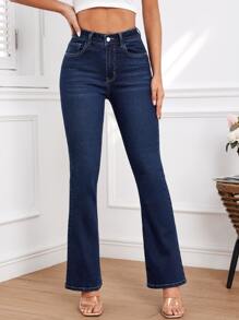 Slant Pocket Flare Leg Jeans - Dark Wash - View 1