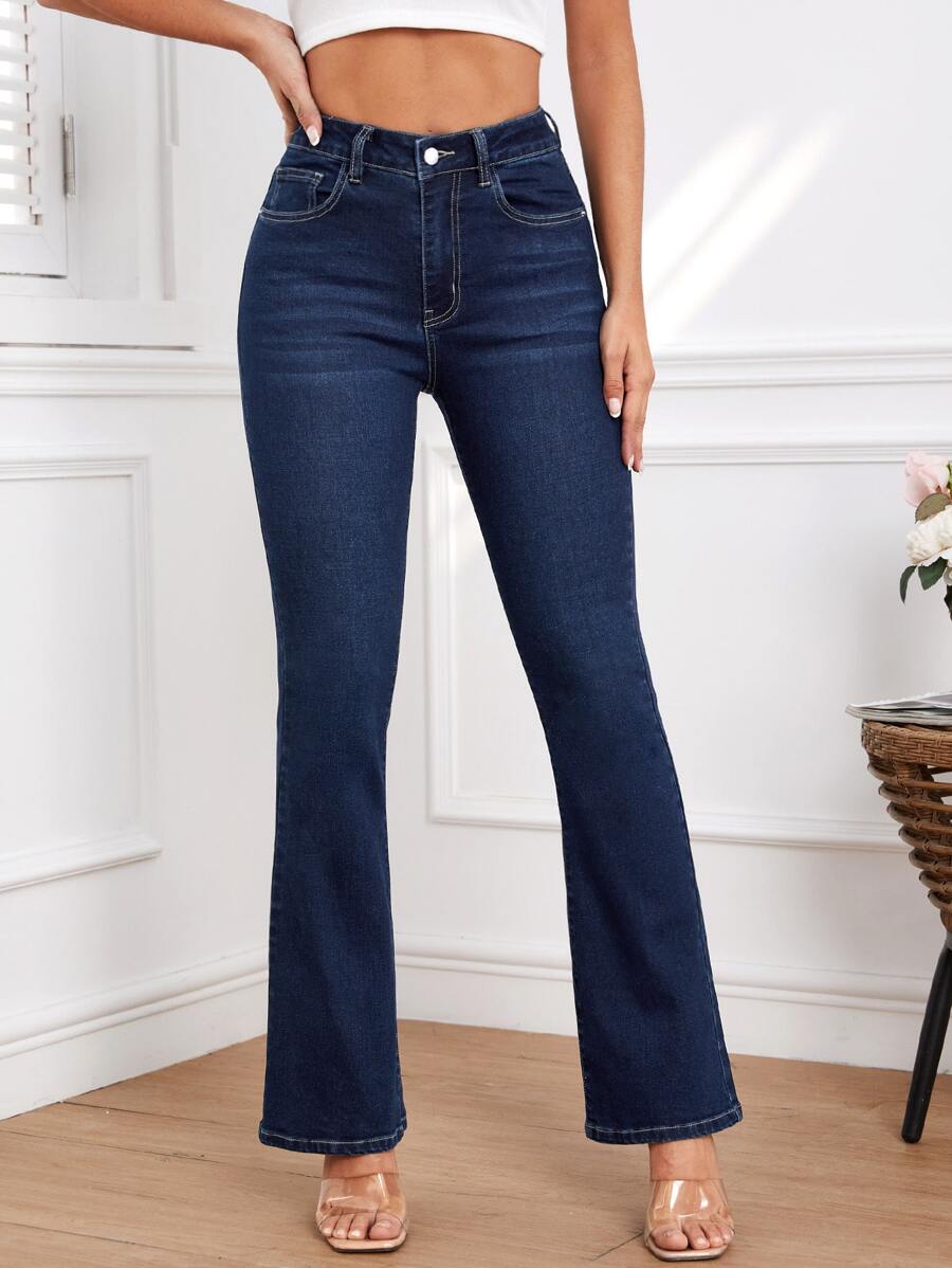 Slant Pocket Flare Leg Jeans - Dark Wash - View 1