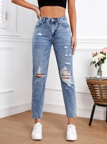 Ripped Mom Fit Jeans - Light Wash - View 1