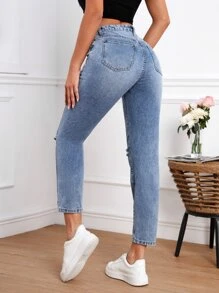 Ripped Mom Fit Jeans - Light Wash - View 2