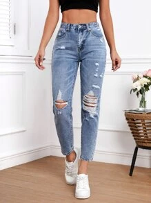 Ripped Mom Fit Jeans - Light Wash - View 3