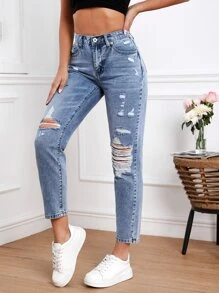Ripped Mom Fit Jeans - Light Wash - View 5