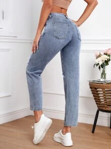 Ripped Mom Fit Jeans - Light Wash - View 2