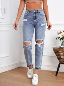 Ripped Mom Fit Jeans - Light Wash - View 4