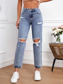 Ripped Mom Fit Jeans - Light Wash - View 1