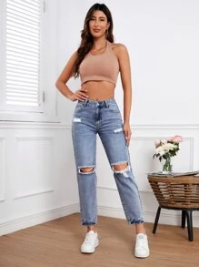Ripped Mom Fit Jeans - Light Wash - View 5