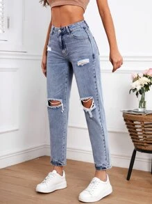 Ripped Mom Fit Jeans - Light Wash - View 6