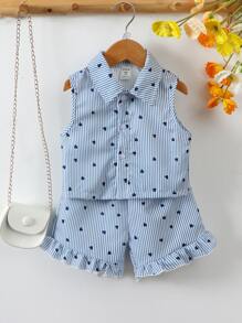 SHEIN Toddler Girls Striped & Heart Print Shirt & Ruffle Hem Shorts - Blue - View 1