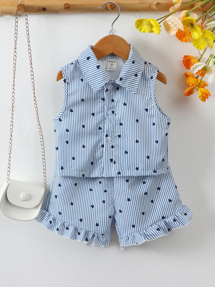 SHEIN Toddler Girls Striped & Heart Print Shirt & Ruffle Hem Shorts - Blue - View 1