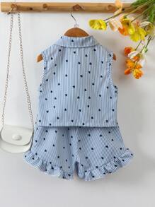 SHEIN Toddler Girls Striped & Heart Print Shirt & Ruffle Hem Shorts - Blue - View 2