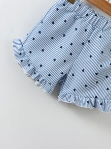 SHEIN Toddler Girls Striped & Heart Print Shirt & Ruffle Hem Shorts - Blue - View 3