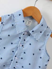 SHEIN Toddler Girls Striped & Heart Print Shirt & Ruffle Hem Shorts - Blue - View 5