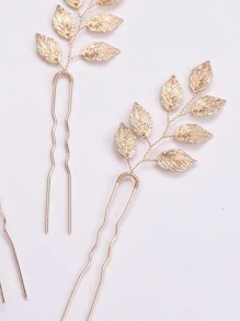 3pcs Leaf Decor Bridal Hair Pin Boho - Gold - View 3