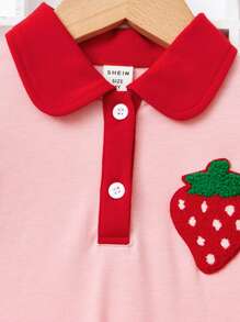 SHEIN Young Girl Strawberry Patched Ruffle Trim Dress - Coral Pink - View 3