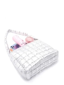 Metallic Quilted Design Hobo Bag - Silver - View 2