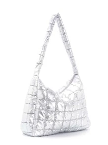 Metallic Quilted Design Hobo Bag - Silver - View 3