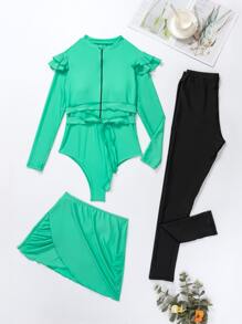 3pack Solid Ruffle One Piece Swimsuit & Cover Up Skirt & Pants - Multicolor - View 5