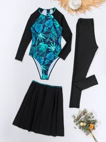 Swim Mulvari Bộ 3 đồ bơi liền thân in họa tiết nhiệt đới mùa hè kèm váy và quần che phủ - Nhiều màu - Xem 1