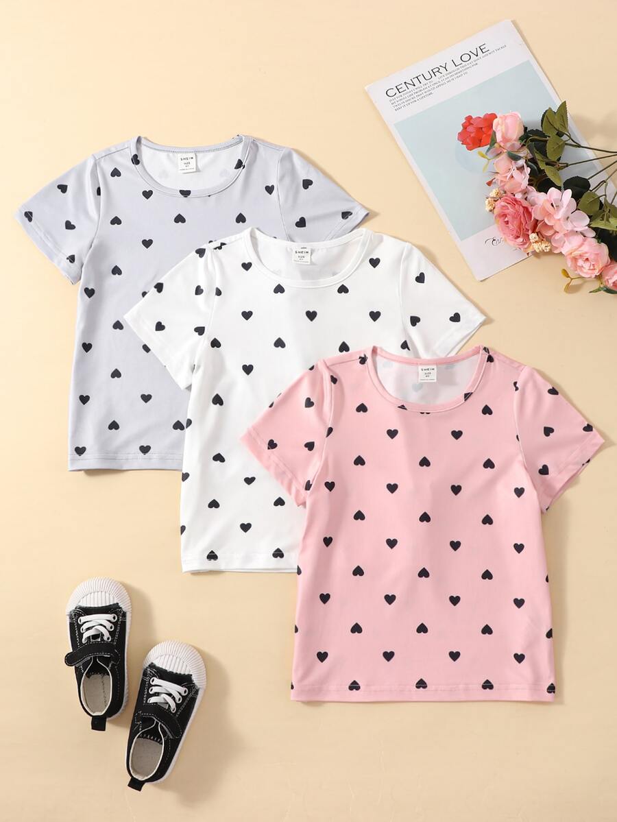 SHEIN Young Girls 3pcs Allover Heart Print Tee - Multicolor - View 1