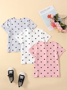 SHEIN Young Girls 3pcs Allover Heart Print Tee - Multicolor - View 2