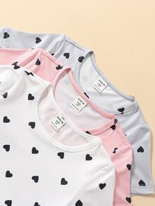 SHEIN Young Girls 3pcs Allover Heart Print Tee - Multicolor - View 3