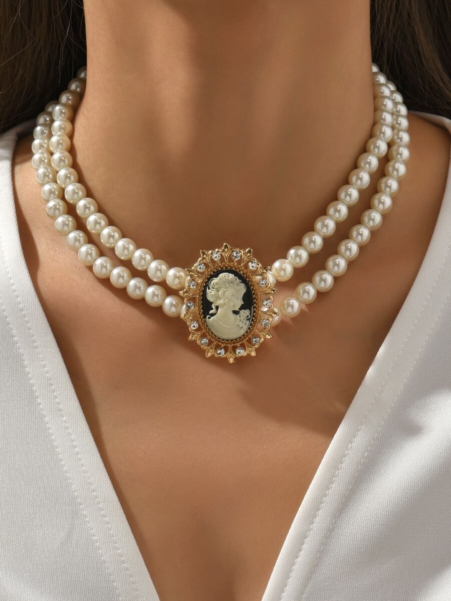 Figure Graphic Faux Pearl Beaded Necklace - Multicolor - View 1