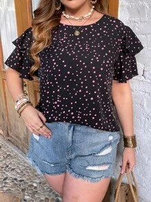 SHEIN LUNE Plus Allover Print Layered Sleeve Blouse - Black - View 6