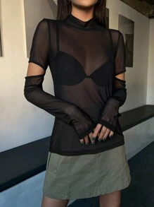 DAZY 1 件套高领镂空网眼上衣长袖女式上衣 - 黑色 - 查看 7