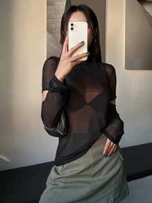 DAZY 1 件套高领镂空网眼上衣长袖女式上衣 - 黑色 - 查看 4