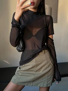 DAZY 1 件套高领镂空网眼上衣长袖女式上衣 - 黑色 - 查看 5