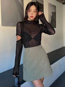 DAZY 1 件套高领镂空网眼上衣长袖女式上衣 - 黑色 - 查看 8