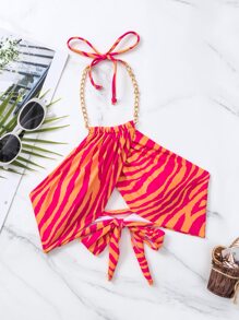 Summer Zebra Stripe Chain Detail Halter Bikini Top - Multicolor - View 1