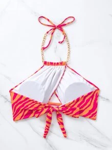 Summer Zebra Stripe Chain Detail Halter Bikini Top - Multicolor - View 2