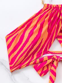 Summer Zebra Stripe Chain Detail Halter Bikini Top - Multicolor - View 3