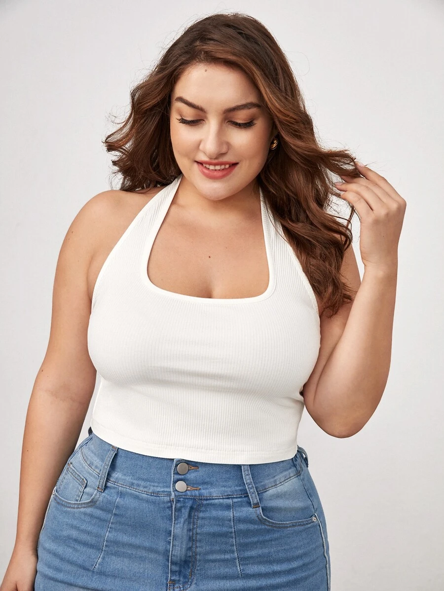 SHEIN BASICS Hơn Đồ đan Ribbed Áo hai dây - trắng - Xem 1