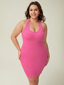 SHEIN BASICS Plus Solid Halter Bodycon Dress - Pink - View 1