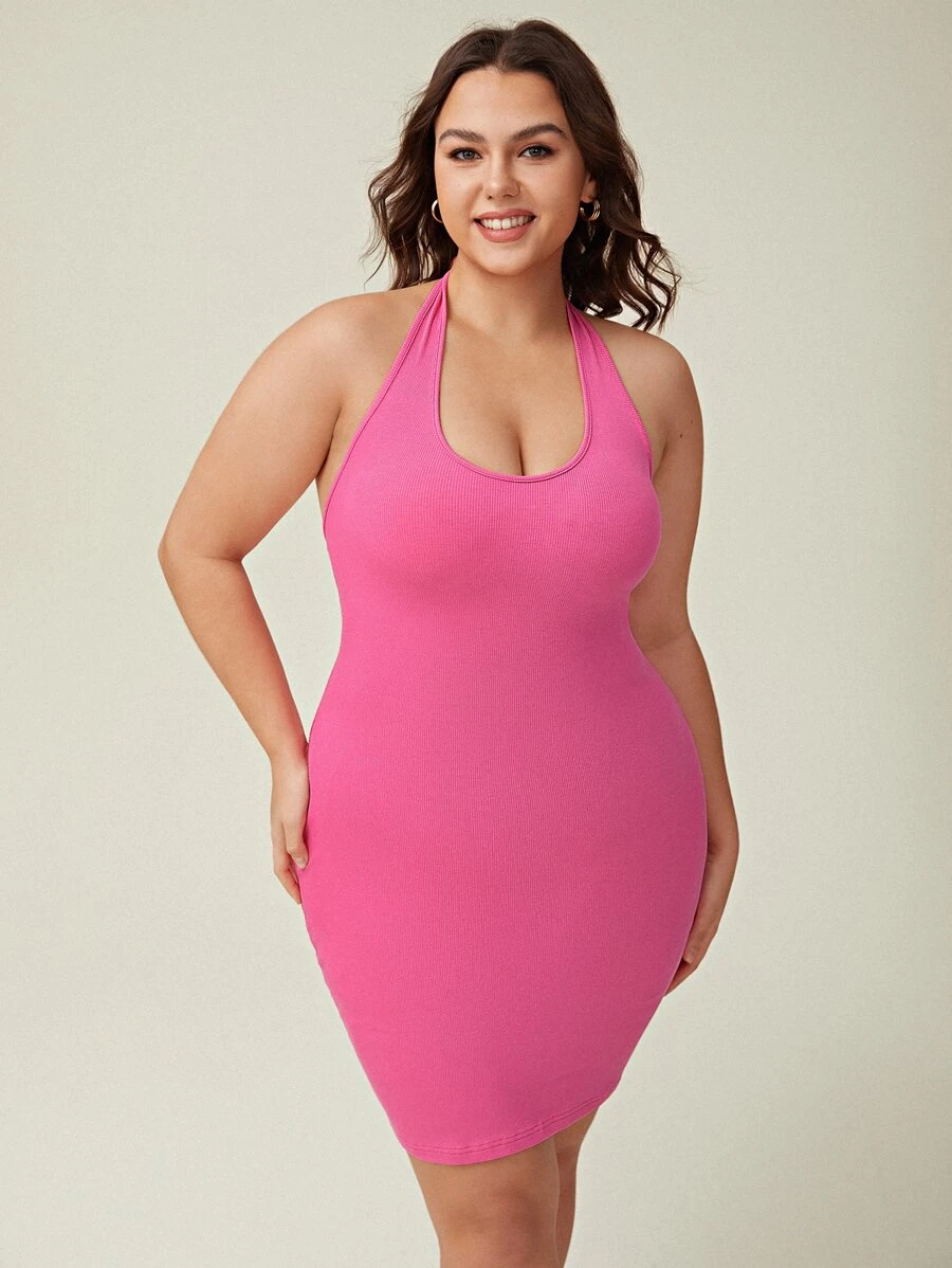SHEIN BASICS Plus Solid Halter Bodycon Dress - Pink - View 1
