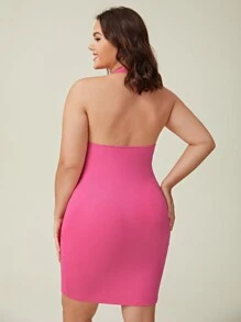 SHEIN BASICS Plus Solid Halter Bodycon Dress - Pink - View 2