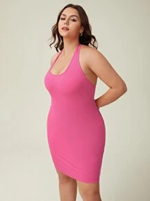 SHEIN BASICS Plus Solid Halter Bodycon Dress - Pink - View 3