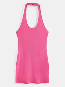 SHEIN BASICS Plus Solid Halter Bodycon Dress - Pink - View 8