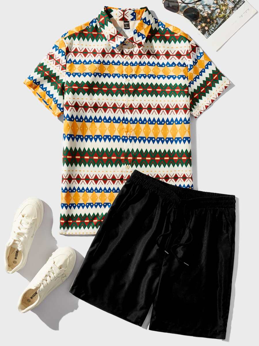 Manfinity Men Geo Print Shirt & Drawstring Waist Shorts - Multicolor - View 1