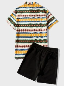 Manfinity Men Geo Print Shirt & Drawstring Waist Shorts - Multicolor - View 2