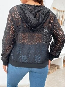 Calvaya Plus Hollow Out Sheer Hoodie - Black - View 2