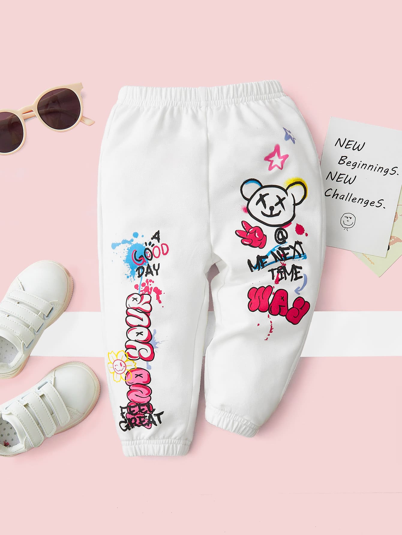 SHEIN Baby Cartoon & Letter Graphic Joggers - White - View 1
