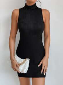 SHEIN PETITE Turtleneck Tank Bodycon Dress - Black - View 3