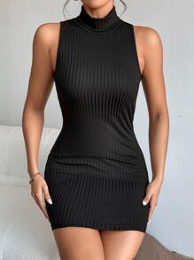 SHEIN PETITE Turtleneck Tank Bodycon Dress - Black - View 5