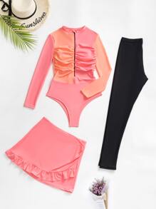 3pack Ruched Ruffle Hem Zip Up Burkini Swimsuit - Multicolor - View 4