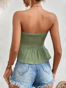 SHEIN Frenchy Nếp uốn Màu xanh lá Chất rắn Viền không đối xứng Ống ngọn - xanh quân đội - Xem 2